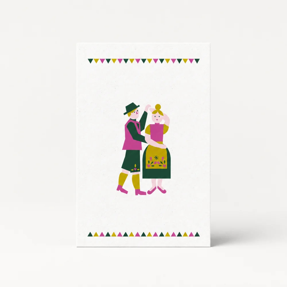 Oktoberfest-Postkarte A6 mit tanzendem Paar im modernen Folk-Design auf hellem Hintergrund