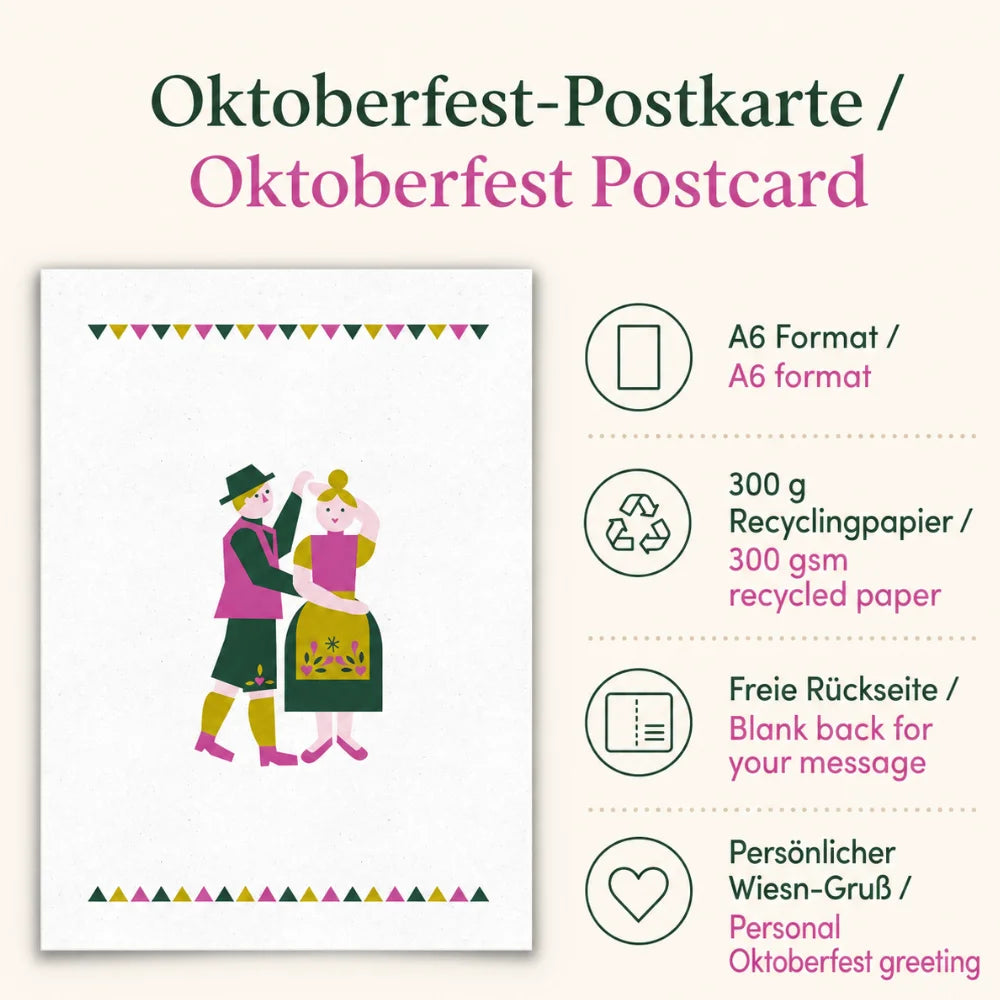 Vorteilsbild zur Oktoberfest-Postkarte A6 aus 300-g-Recyclingpapier mit freier Rückseite für persönliche Grüße
