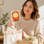 Lächelnde Frau hält Sonnengruß Postkarte neben liebevoll verpackten Geschenken