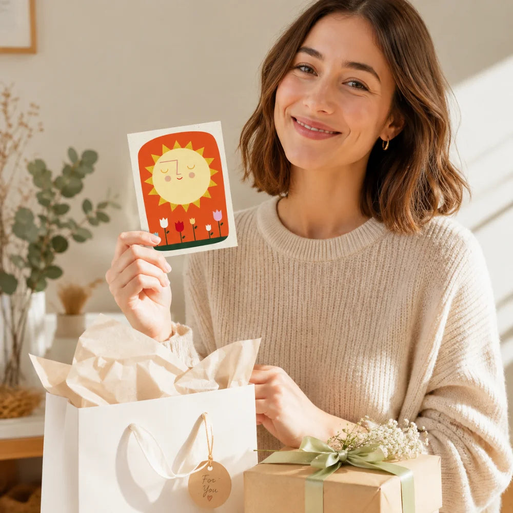 Lächelnde Frau hält Sonnengruß Postkarte neben liebevoll verpackten Geschenken