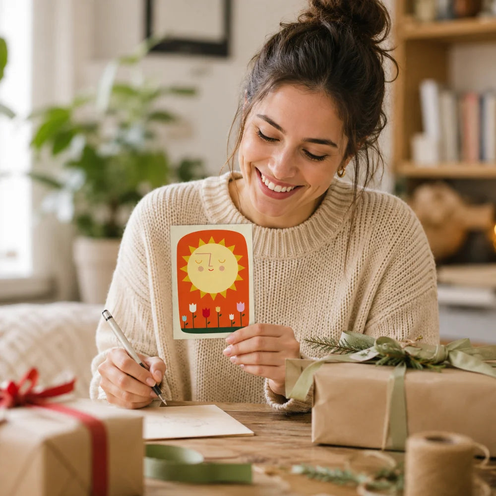 Sonnengruß Postkarte beim kreativen Verpacken eines Geschenks