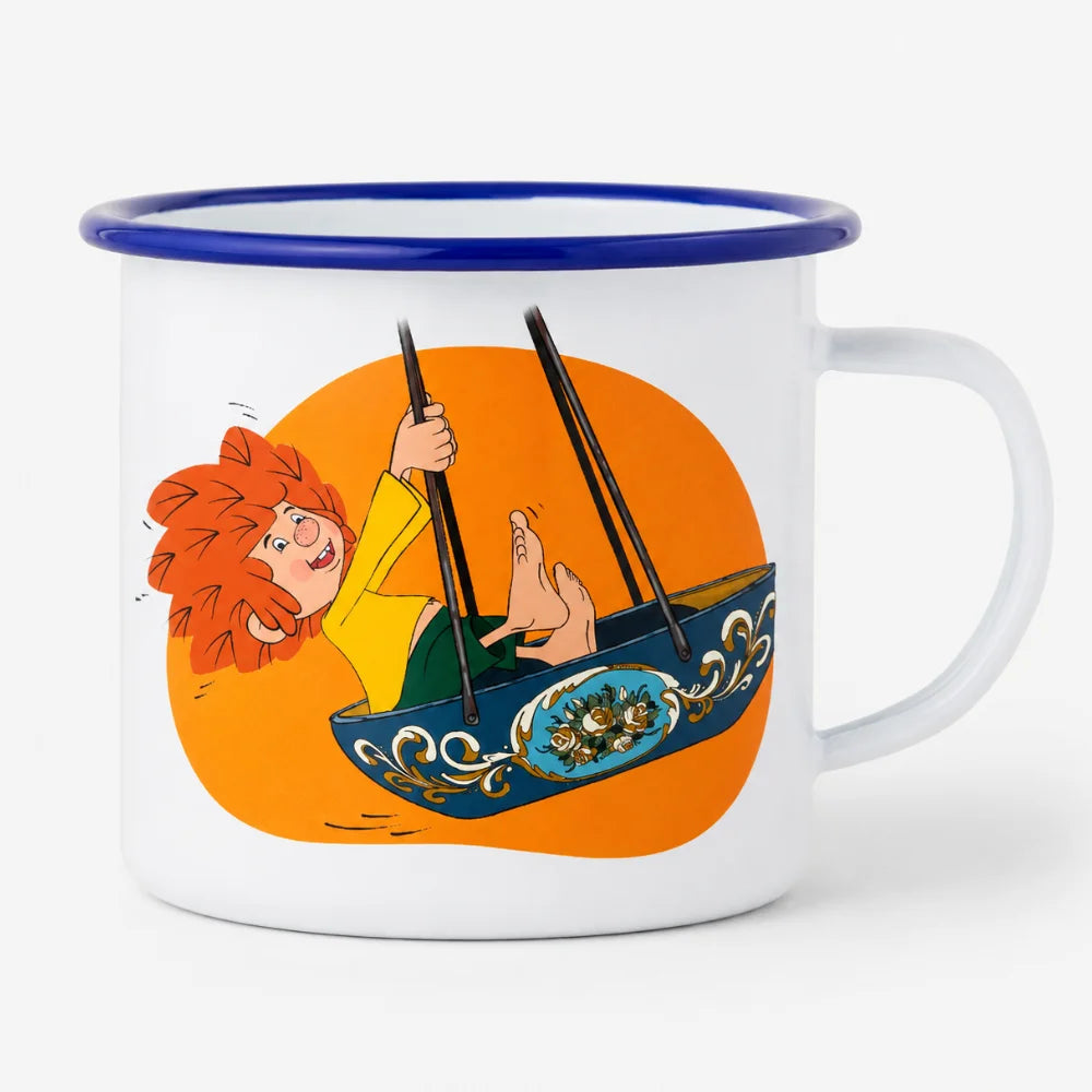 Pumuckl Emaille-Tasse Schiffschaukel 350 ml mit blauem Rand auf hellem Hintergrund