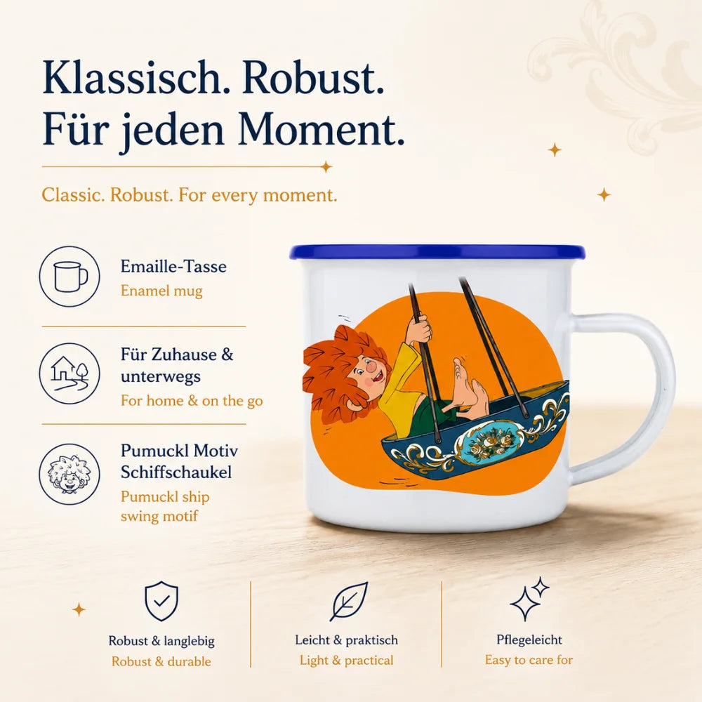 Pumuckl Emaille-Tasse Schiffschaukel – robuster Retro-Becher für Zuhause und unterwegs