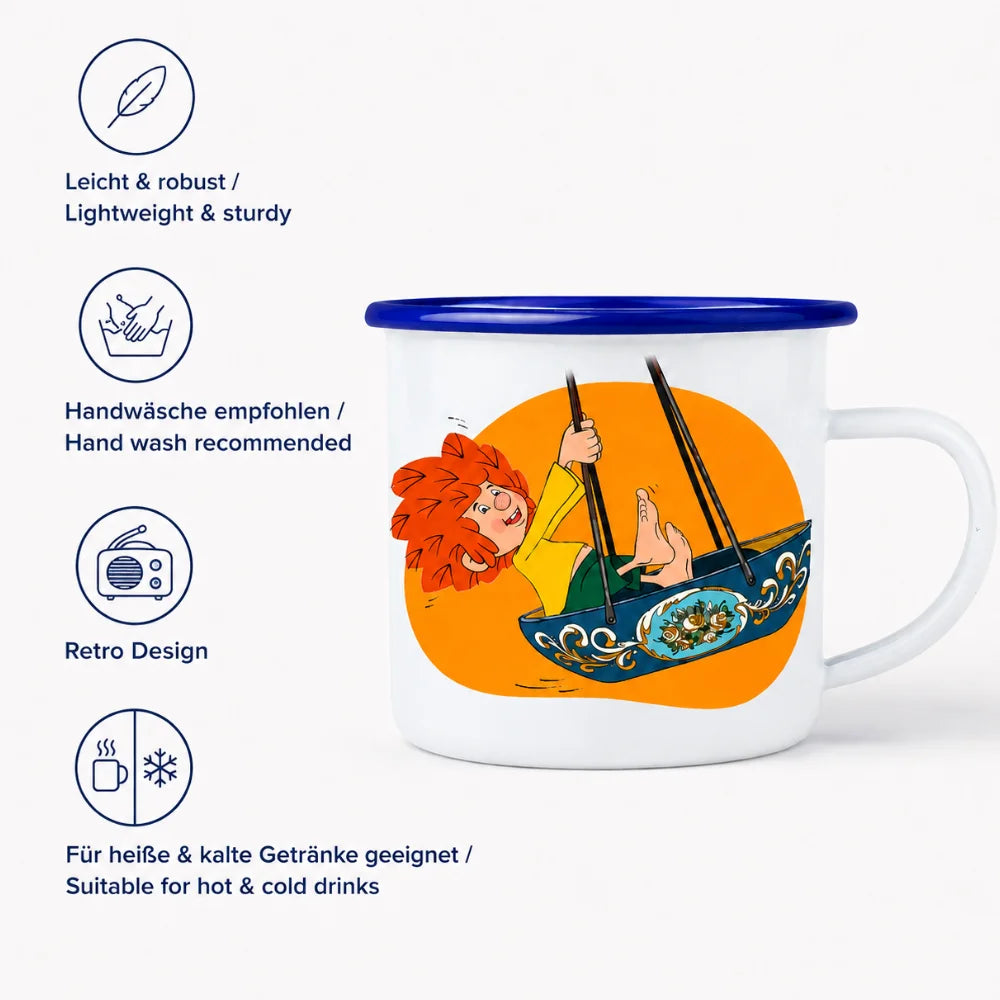 Pumuckl Emaille-Tasse Schiffschaukel – leicht, robust, Retro Design und für heiße oder kalte Getränke