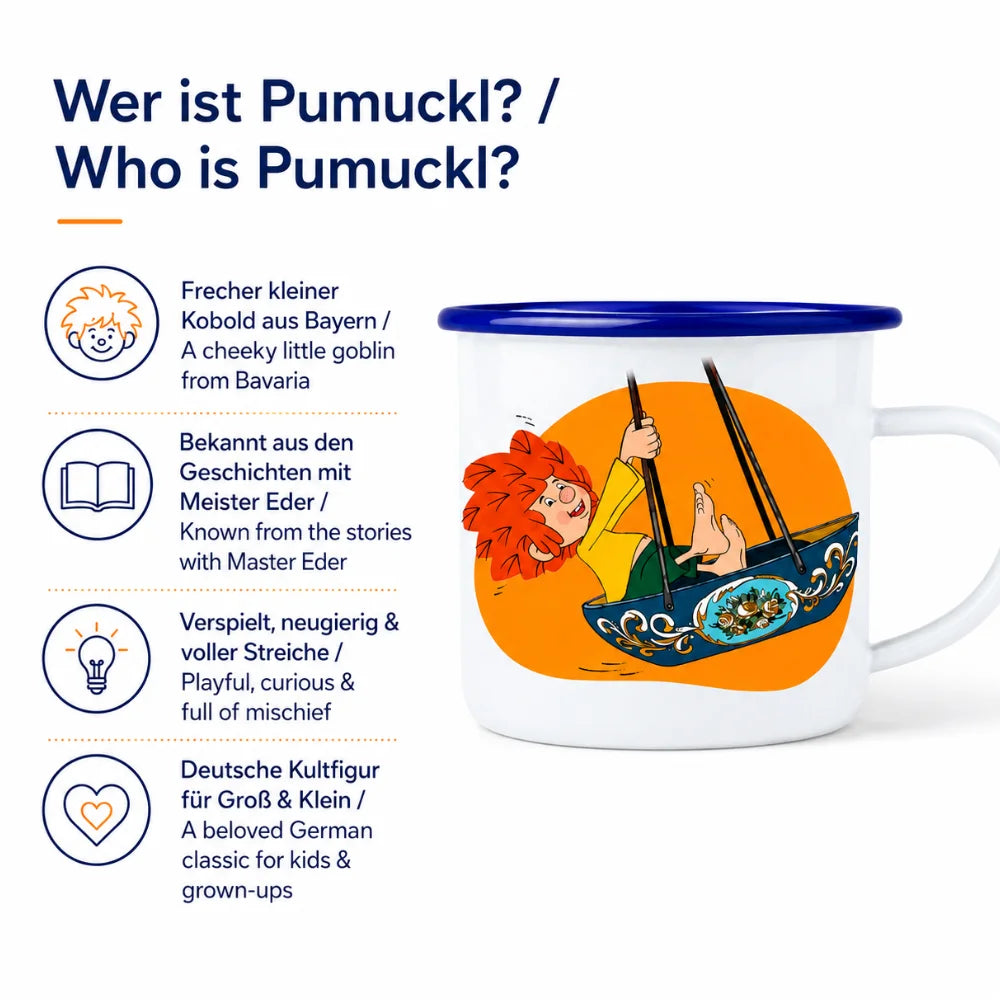 Pumuckl Emaille-Tasse mit Erklärung zur Figur Pumuckl und Meister Eder