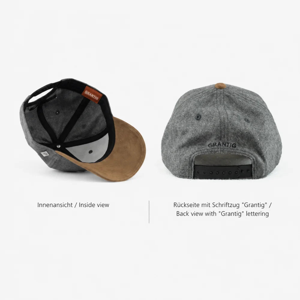 Pumuckl Kinder-Cap in Grau mit braunem Schirm, Snapback-Verschluss und Detailansicht von innen und von hinten