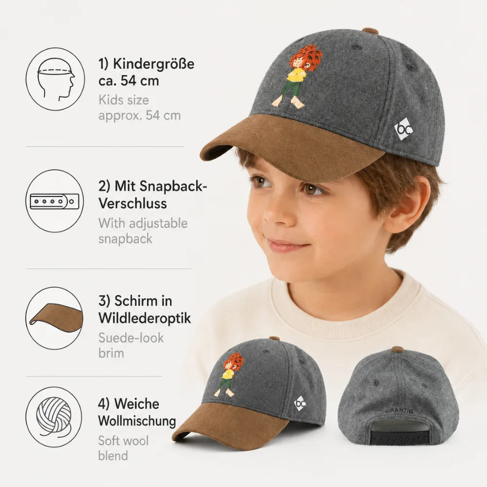 Pumuckl Kinder-Cap in Grau mit braunem Schirm, Snapback-Verschluss und Produktdetails