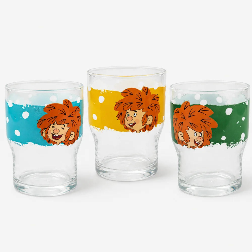 Aufstellung der drei Trinkgläser mit Pumucklaufdruck