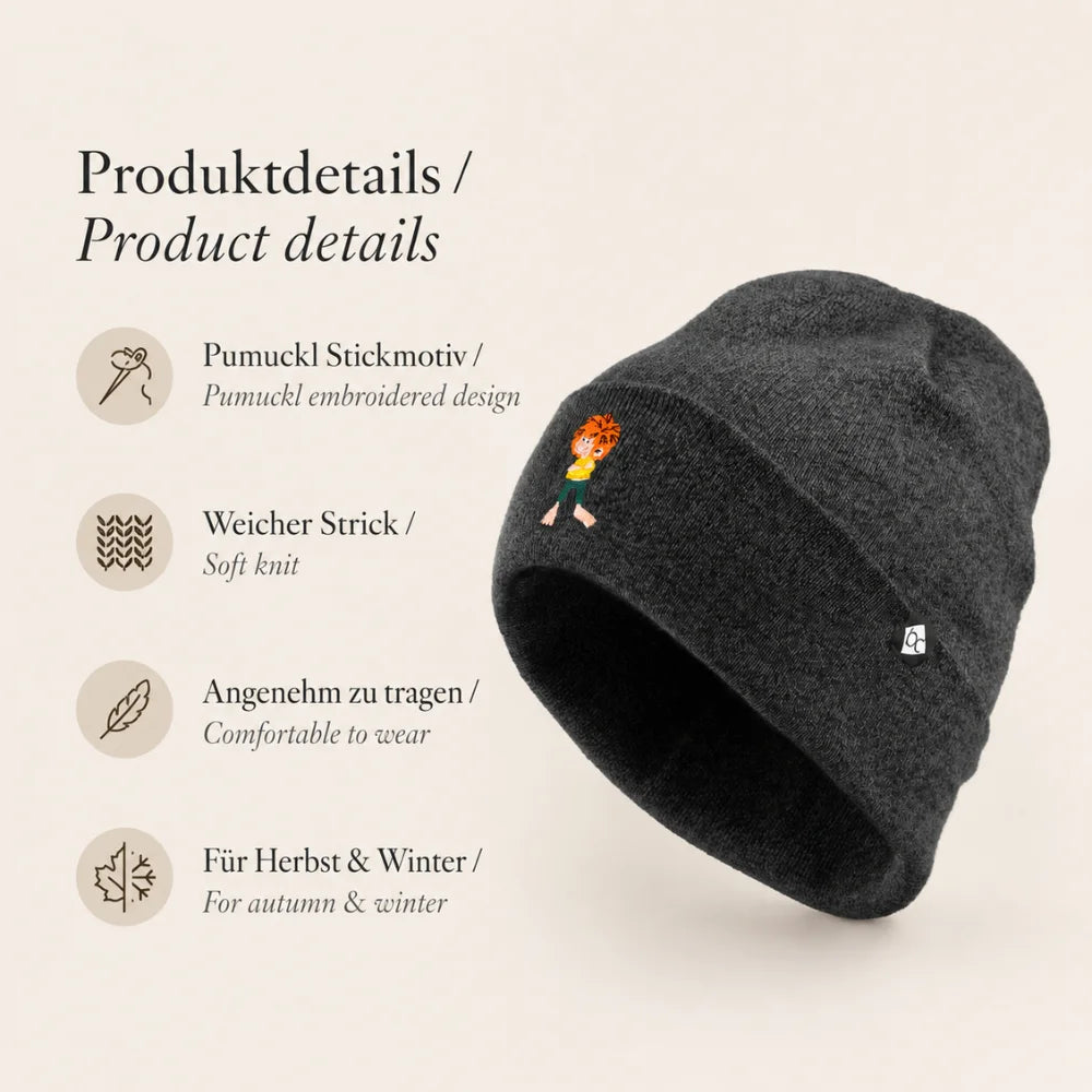 Graue Pumuckl Mütze für Erwachsene mit Stickmotiv und Produktdetails für Herbst und Winter