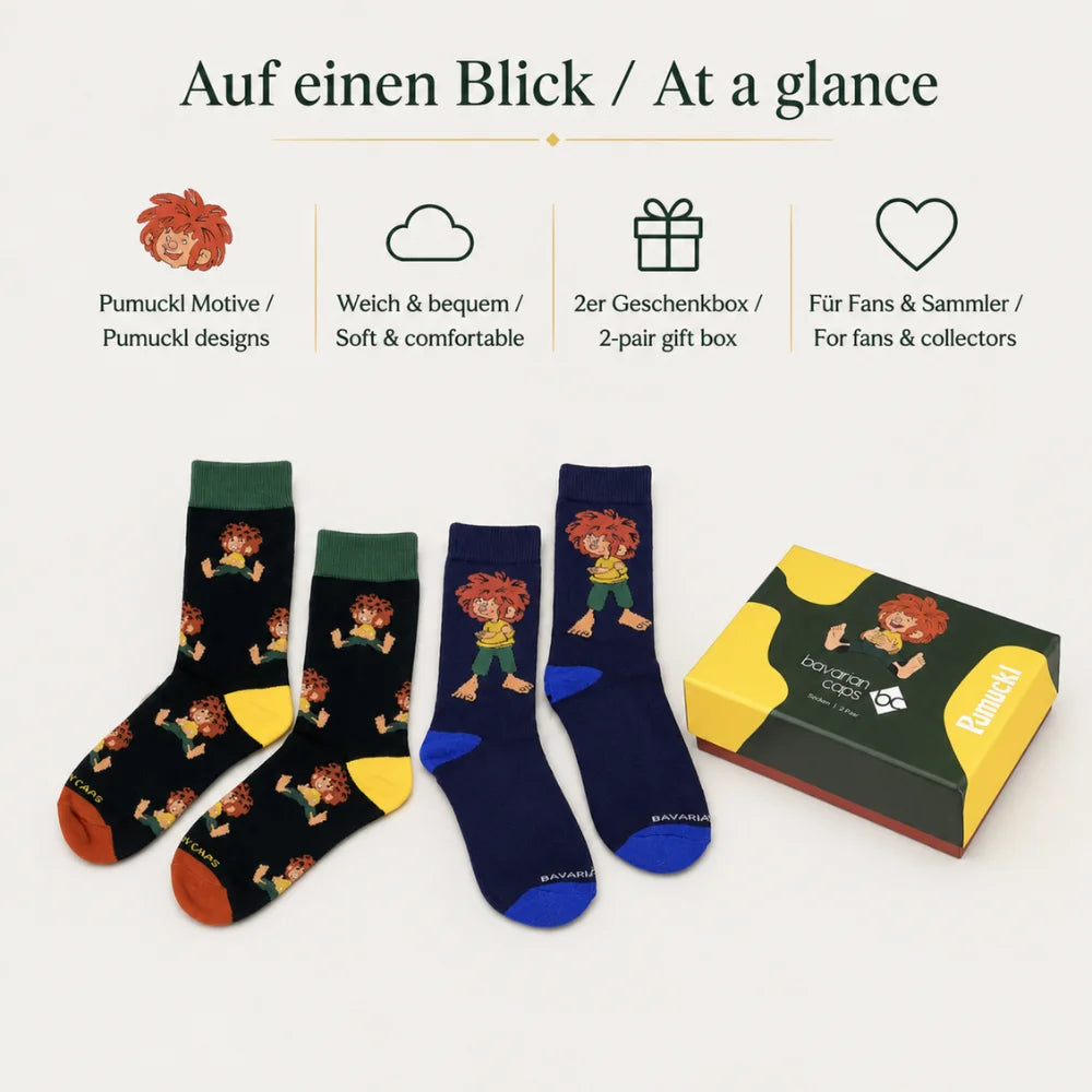 Pumuckl Sockenbox mit zwei Paar Socken, Geschenkverpackung und zweisprachigen Produktdetails