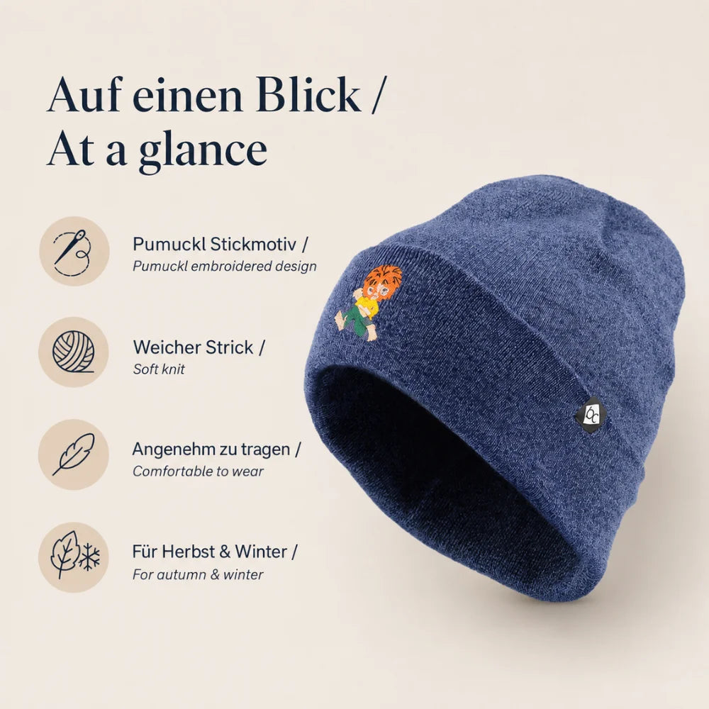 Blaue Pumuckl Wintermütze mit Stickmotiv und Produktdetails für Herbst und Winter