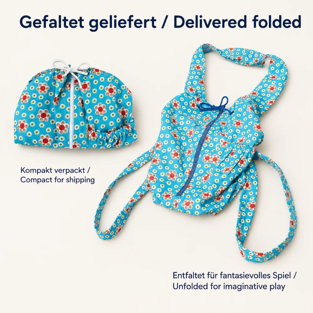Blauer Puppentragesack gefaltet für den Versand und vollständig entfaltet im Vergleich