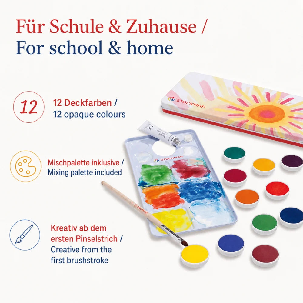 STOCKMAR Deckfarben mit 12 Farben, Mischpalette und Pinsel für Schule und Zuhause
