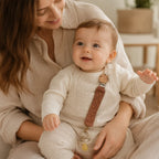 Baby mit brauner Schnullerkette aus Bio-Baumwolle und Holzclip auf dem Schoß der Mutter