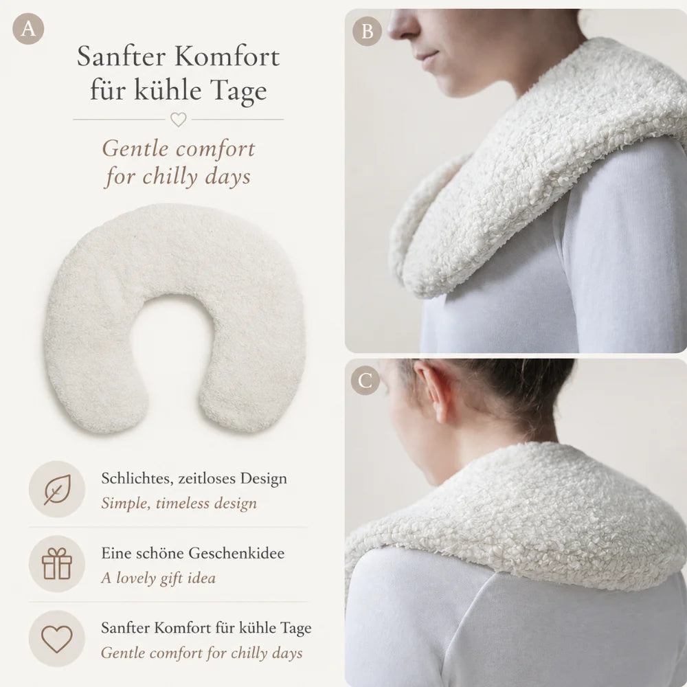 EFIE Schulterwärmer in U-Form mit Vorderansicht sowie Anwendung von vorne und hinten.