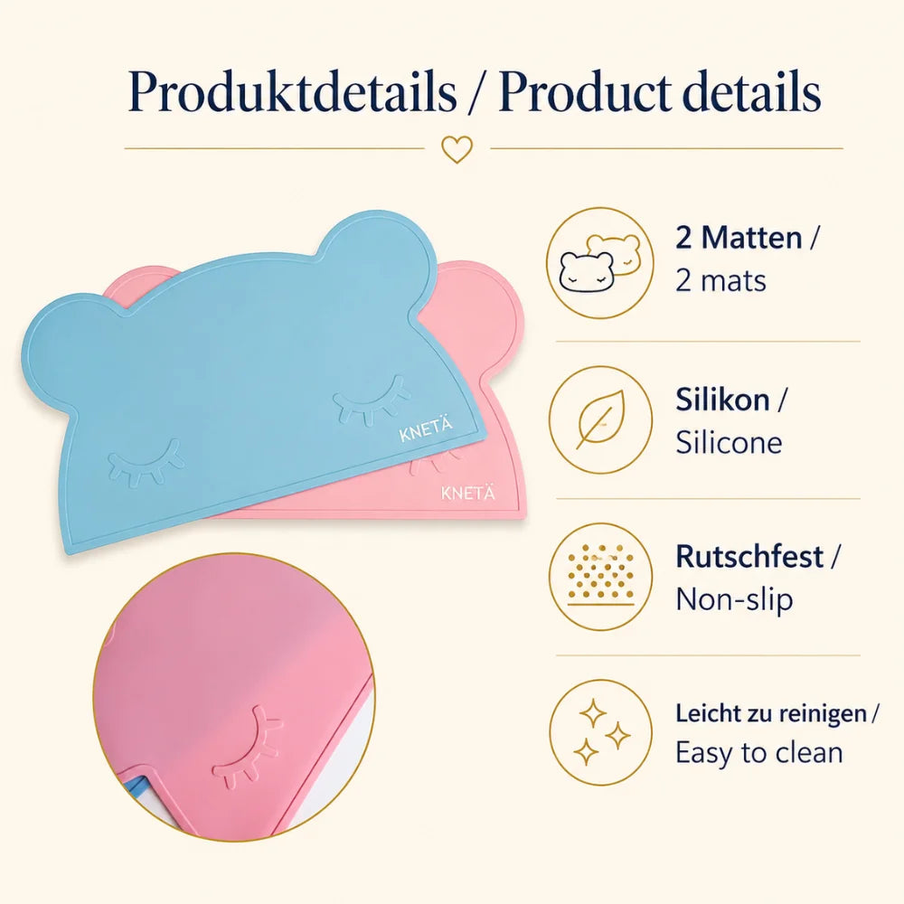 Produktdetails der KNETÄ Tischunterlegmatten aus Silikon – rutschfest, leicht zu reinigen und im 2er-Set
