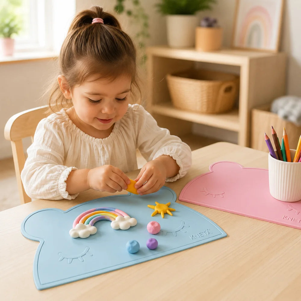Kind spielt mit KNETÄ Knete auf blauer Silikon-Tischunterlage im Bärchen-Design
