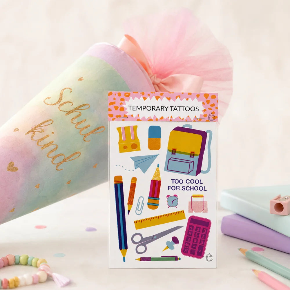 Temporäre Tattoos für Kinder mit Motiven zur Einschulung und Schultüte