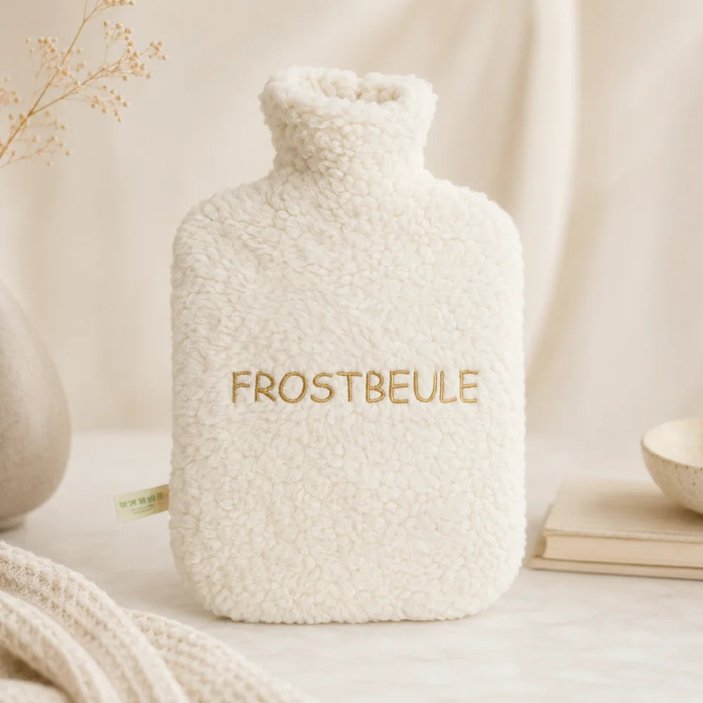 EFIE Wärmflasche „Frostbeule“ mit weichem Bio-Baumwollbezug und goldfarbener Stickerei auf hellem Hintergrund.