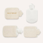 EFIE Wärmflasche „Frostbeule“ mit Vorderseite, Rückseite, Innenflasche und geöffnetem Bezug im Vergleich.