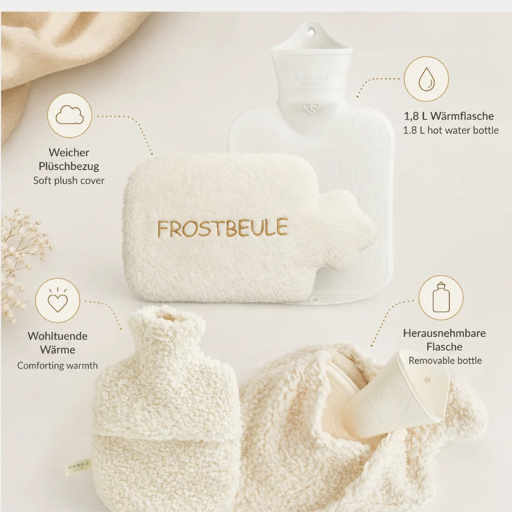 EFIE Wärmflasche „Frostbeule“ mit 1,8 Liter Fassungsvermögen, weichem Plüschbezug und herausnehmbarer Thermoplastflasche.