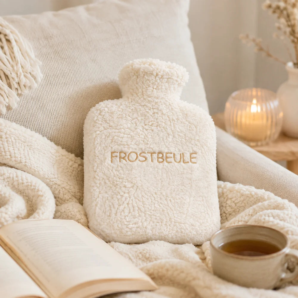 Kuschelige EFIE Wärmflasche „Frostbeule“ mit Decke, Buch, Tee und Kerzenlicht in gemütlicher Atmosphäre.