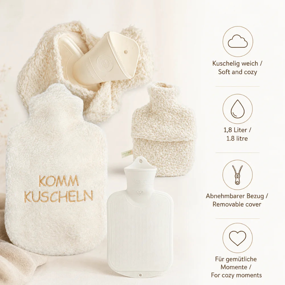 EFIE Wärmflasche „Komm kuscheln“ mit 1,8 Liter Fassungsvermögen, weichem Bezug und herausnehmbarer Thermoplastflasche.