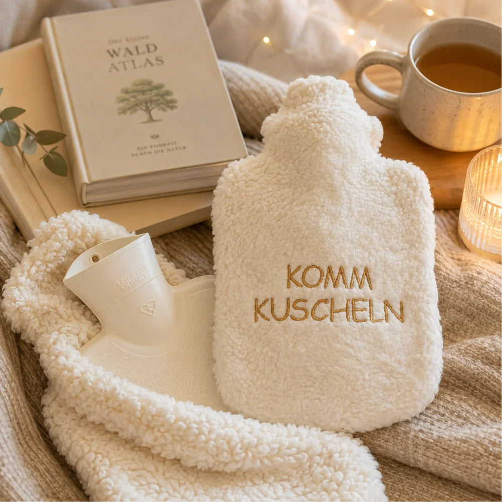 EFIE Wärmflasche „Komm kuscheln“ neben Buch, Tee und Kerzenlicht für entspannte Wohlfühlmomente.