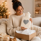 Frau freut sich über eine geschenkte EFIE Wärmflasche mit grauem Filzherz in einer Geschenkbox.
