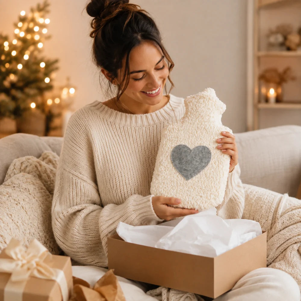 Frau freut sich über eine geschenkte EFIE Wärmflasche mit grauem Filzherz in einer Geschenkbox.
