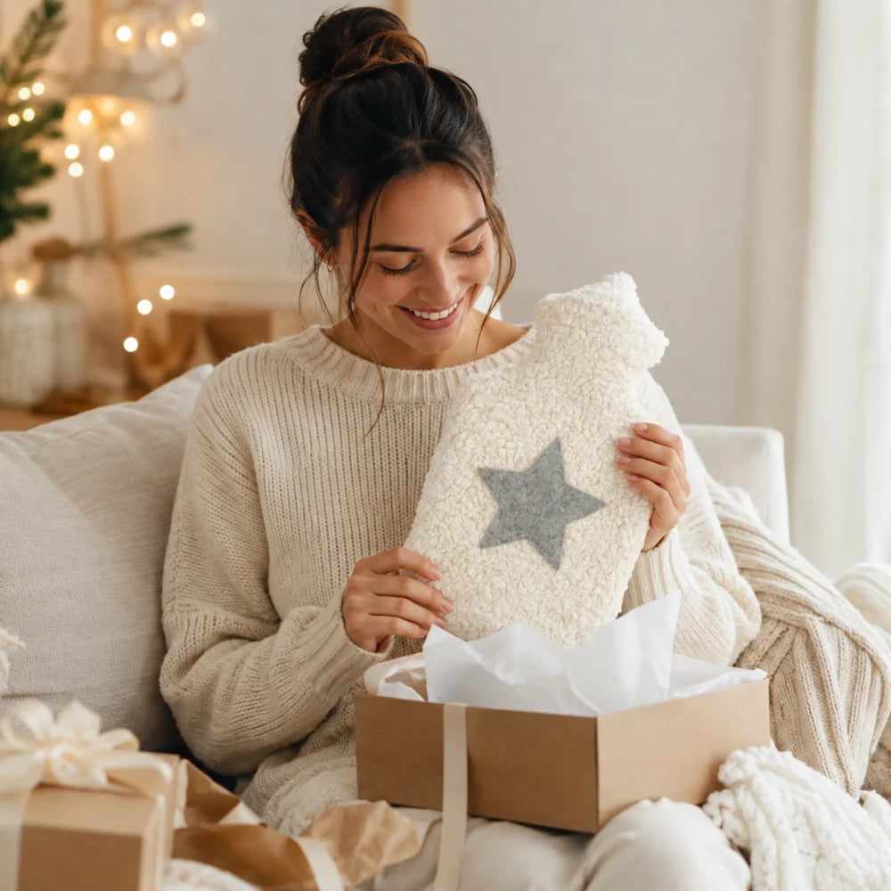 Frau freut sich über eine geschenkte EFIE Wärmflasche mit grauem Filzstern in einer Geschenkbox.