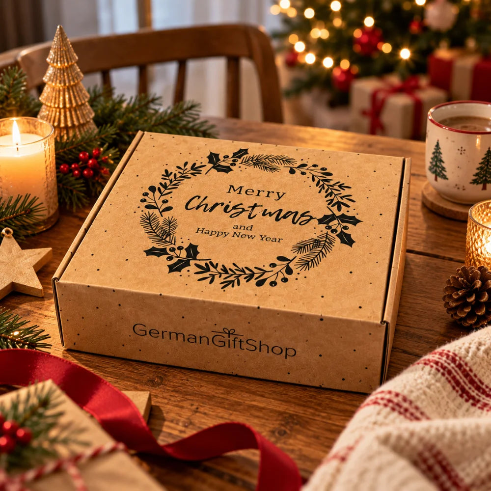 Festliche Weihnachts-Geschenkbox mit Weihnachtskranz auf einem Holztisch, umgeben von Tannenzweigen und Kerzen. Persönliche Geschenkidee zum Weihnachtsfest.