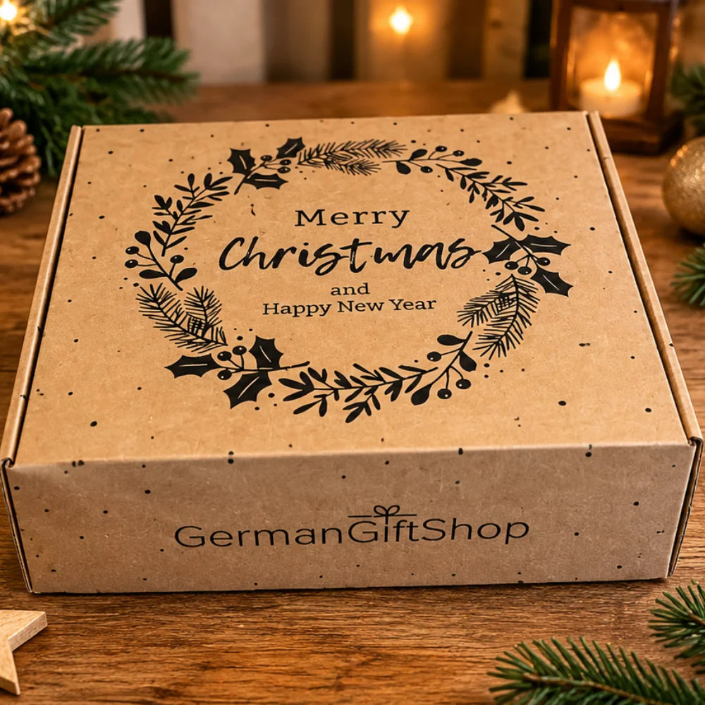 Hochwertige Weihnachts-Geschenkbox aus naturbraunem Karton mit schwarzem Weihnachtskranz und The German Gift Shop Logo. Individuell befüllbare Geschenkverpackung für Weihnachten. Hauptbild
