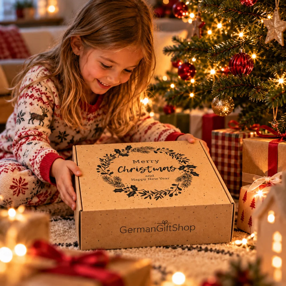 Mädchen freut sich über eine individuell zusammengestellte Weihnachts-Geschenkbox unter dem geschmückten Weihnachtsbaum. Persönliche Weihnachtsgeschenkidee von The German Gift Shop.