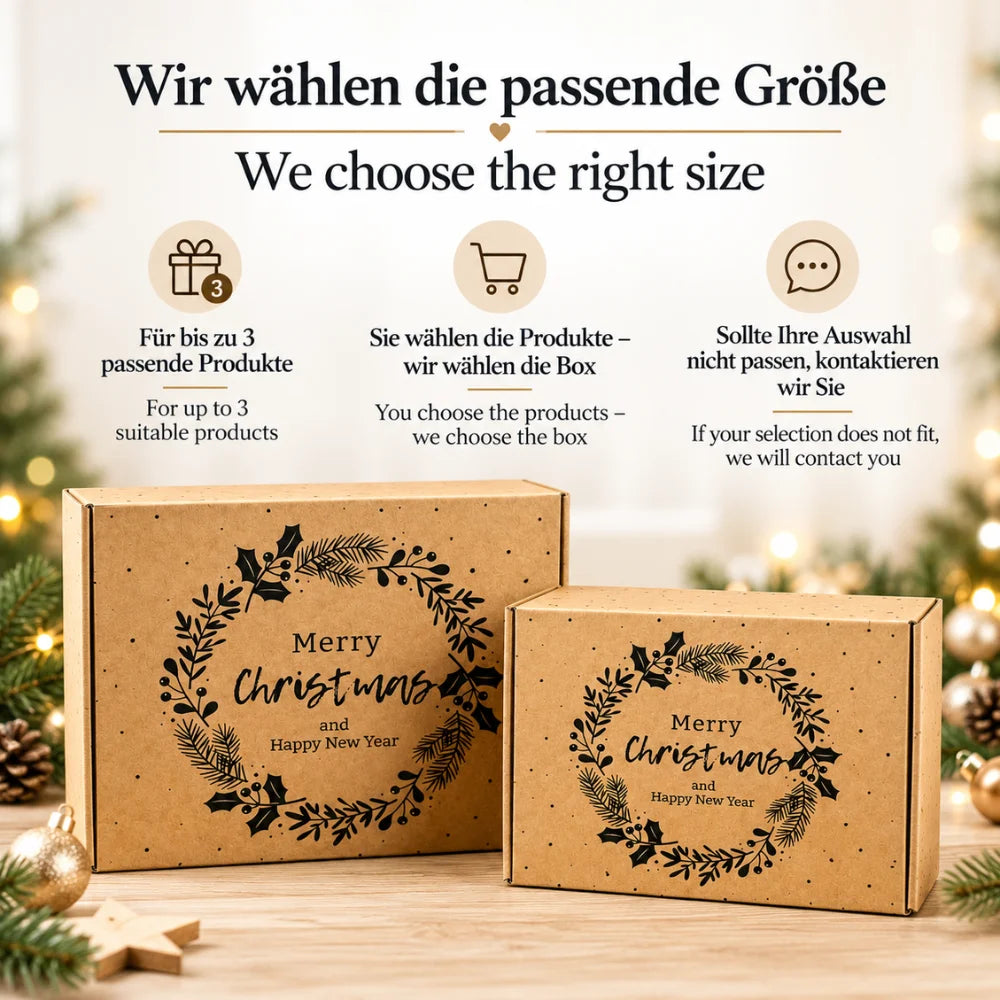 Weihnachts-Geschenkbox in großer und kleiner Ausführung mit festlichem Weihnachtsmotiv. Für bis zu drei geeignete Geschenkartikel wird automatisch die passende Boxgröße gewählt.