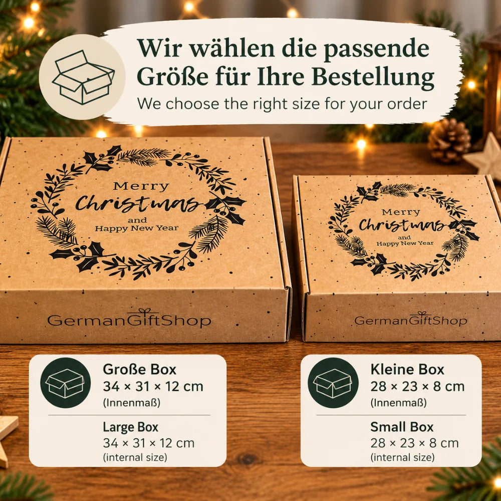 Individuelle Weihnachts-Geschenkbox von The German Gift Shop in zwei Größen. Die passende Geschenkverpackung wird entsprechend den ausgewählten Produkten zusammengestellt.