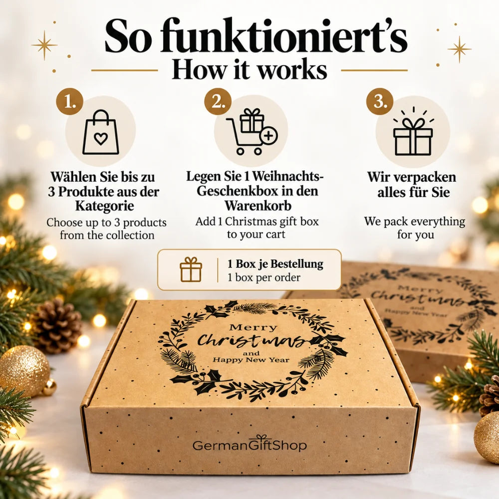 Weihnachts-Geschenkbox selbst zusammenstellen: Bis zu drei Produkte aus der Geschenkkollektion auswählen, Geschenkbox zum Warenkorb hinzufügen und liebevoll verpacken lassen.