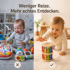 Baby entdeckt die nic Rasselrolle aus Holz in ruhiger Montessori-Umgebung statt elektronischem Plastikspielzeug