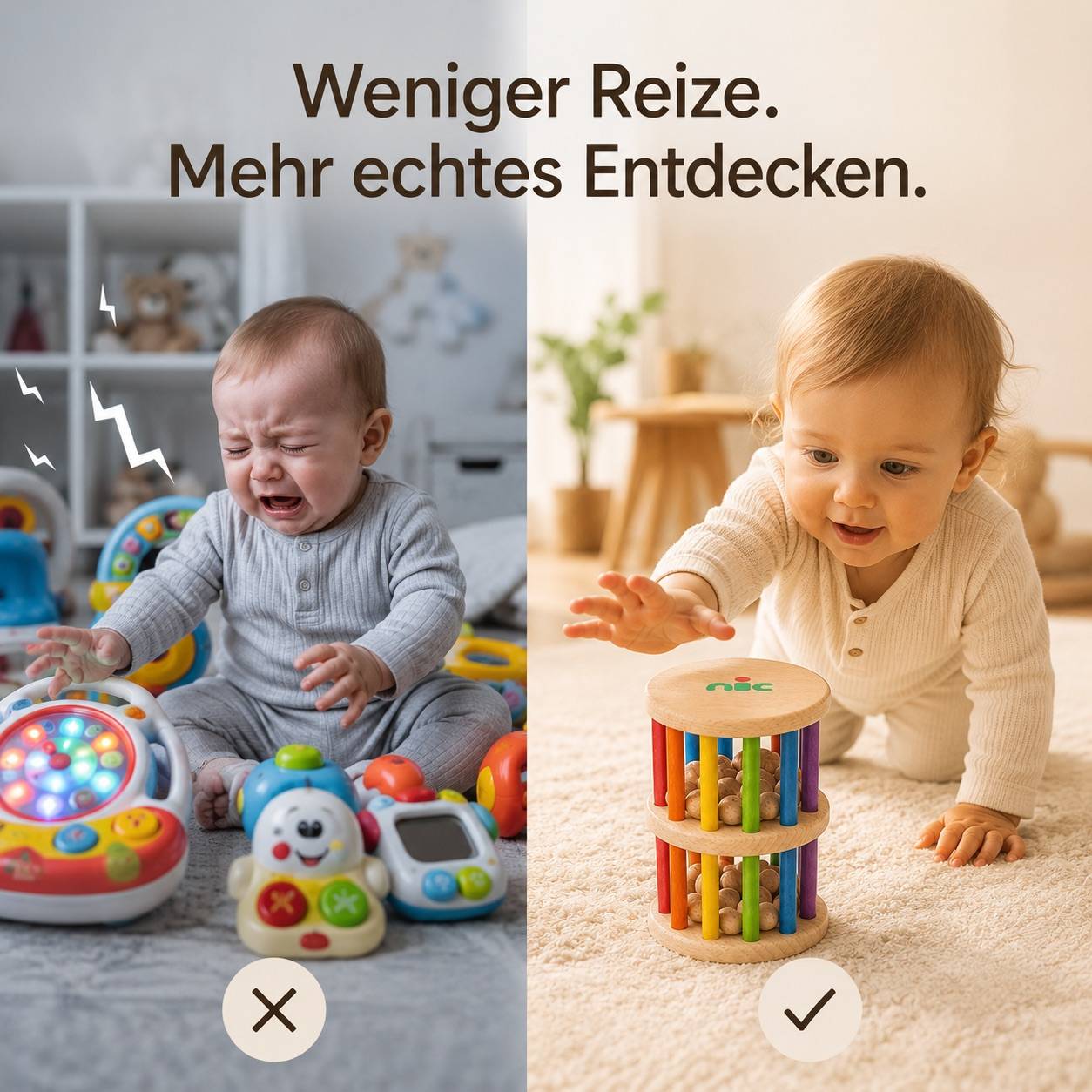 Baby entdeckt die nic Rasselrolle aus Holz in ruhiger Montessori-Umgebung statt elektronischem Plastikspielzeug