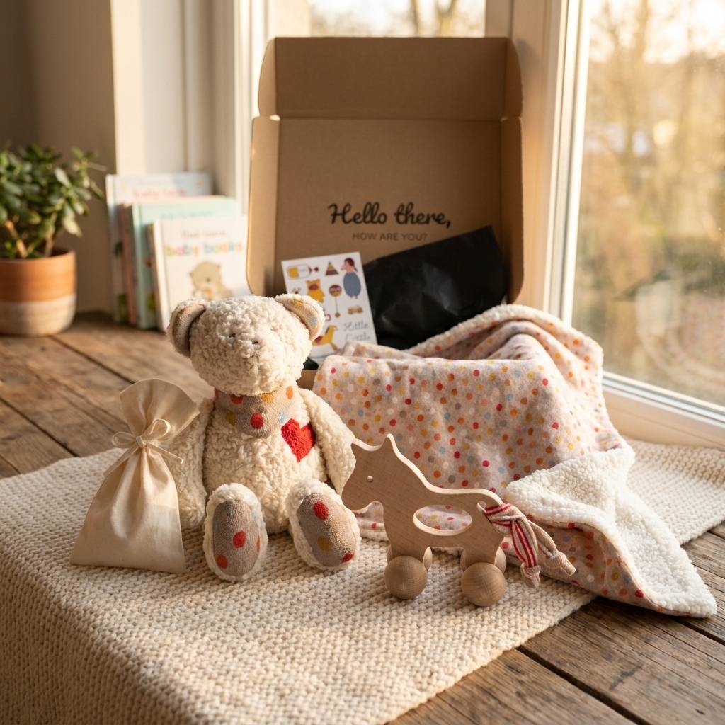 Baby Geschenkset zur Geburt – Kuscheltier, Babydecke & Holzspielzeug Zweitbild