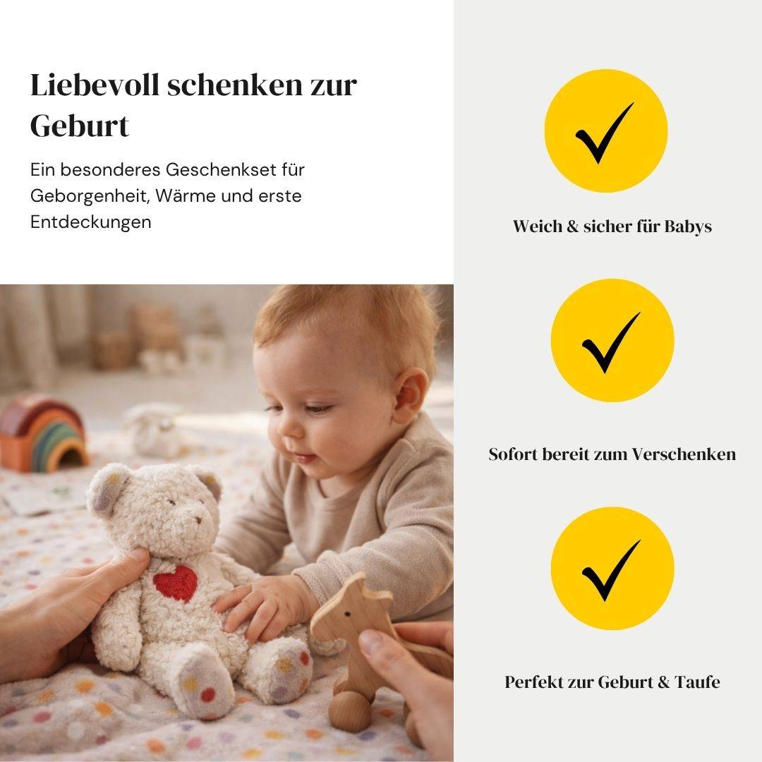 Baby Gift Set "Little Wonder" for Birth – Cuddly Toy, Baby Blanket & Wooden Toy