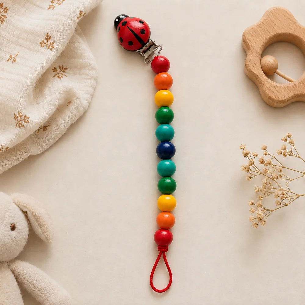Baby-Schnullerkette aus Holz mit bunten Perlen und Clip-Verschluss