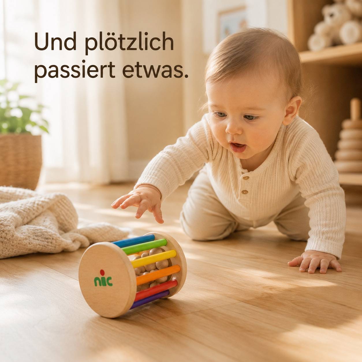 nic Große Rasselrolle aus Buchenholz – Sinnesspielzeug für Babys ab 6 Monate | Handgefertigt