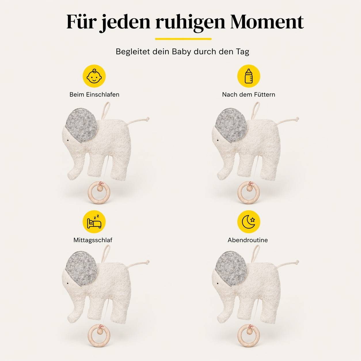 Elefanten-Spieluhr in vier Anwendungssituationen für Babys: Einschlafen, nach dem Füttern, Mittagsschlaf und Abendroutine