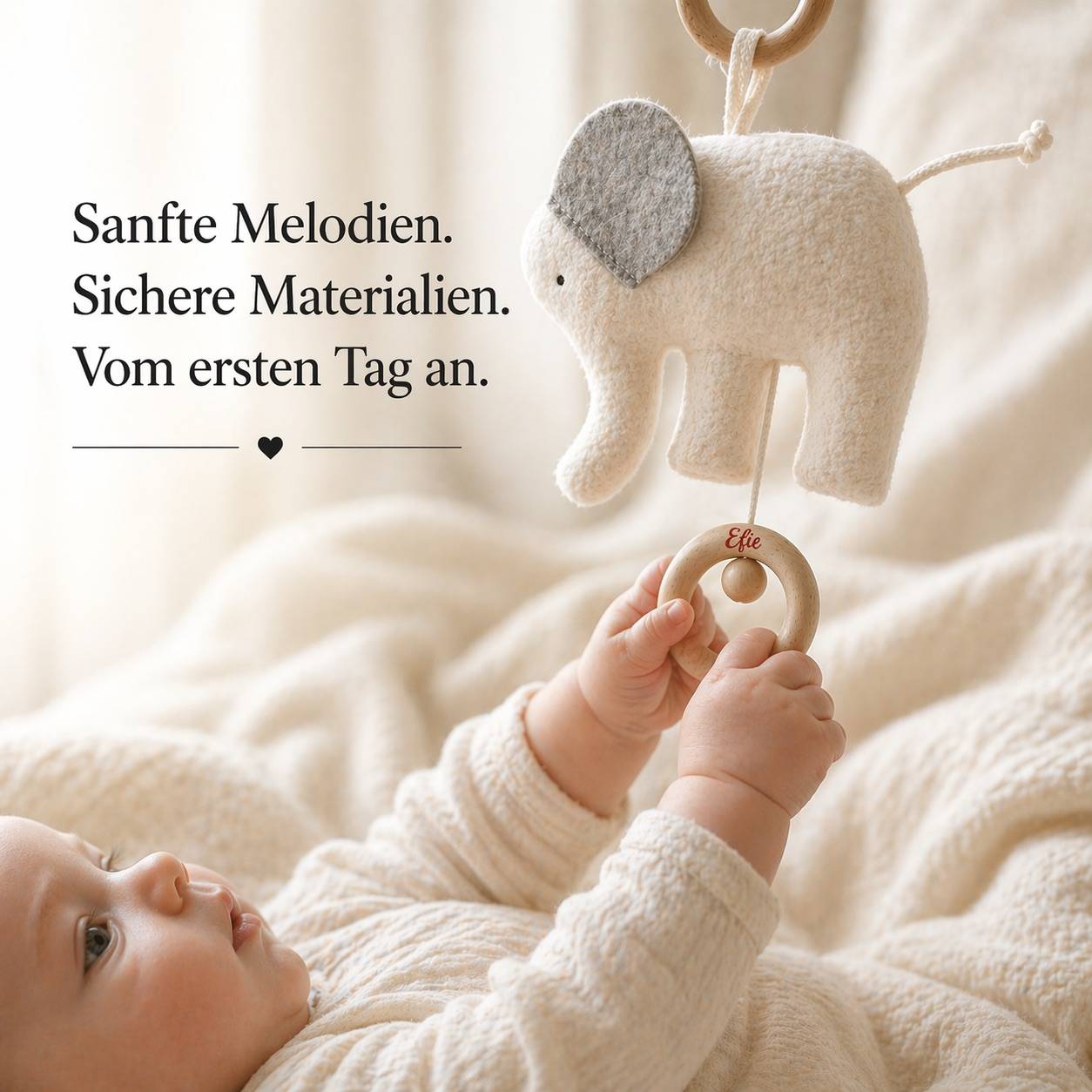 Baby liegt im Bett und greift nach Elefanten-Spieluhr mit Holzring, sanfte Stoffoberfläche und ruhige Einschlafszene