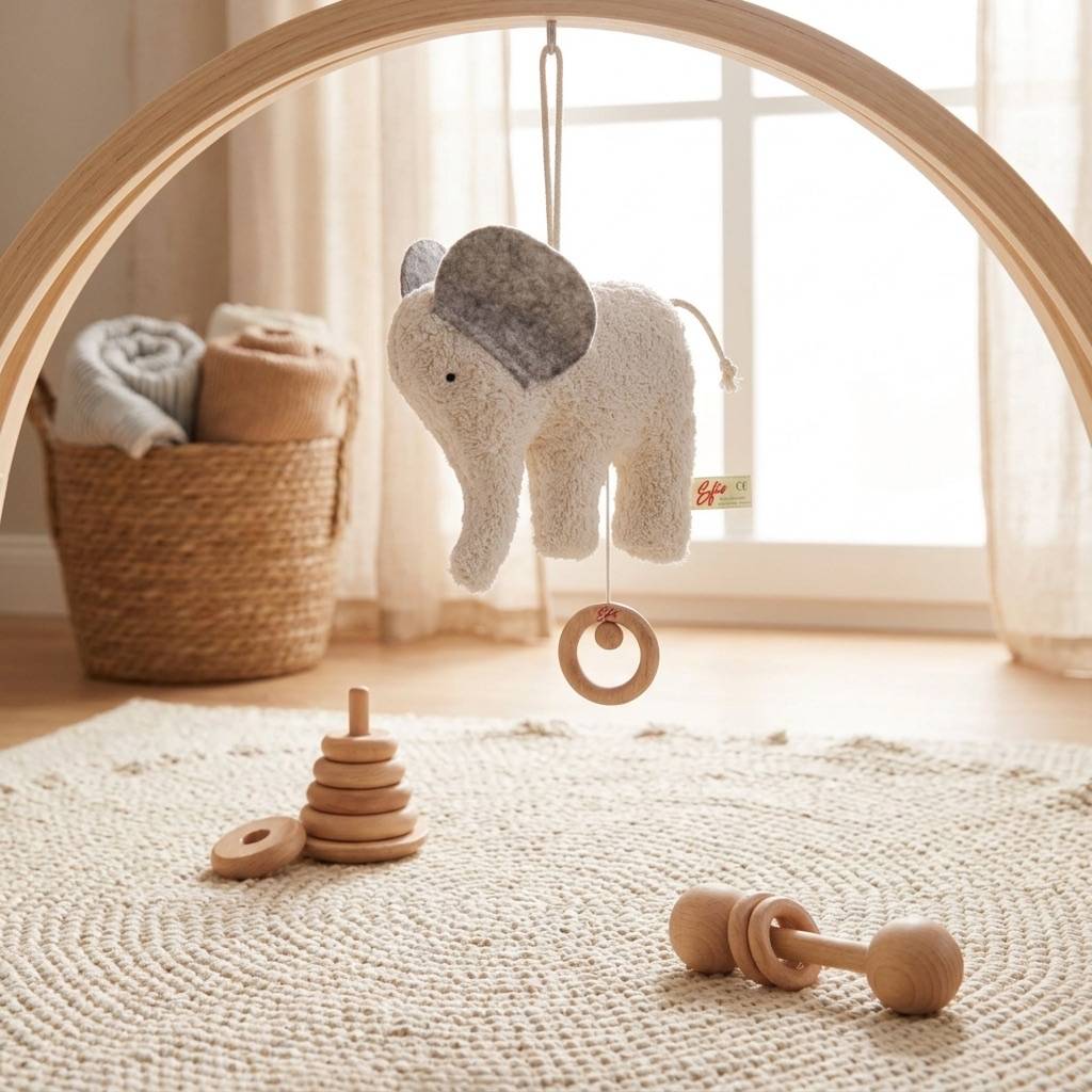 Elefanten-Spieluhr aus weichem Stoff hängt an Holz-Mobile im hellen Babyzimmer mit Teppich und Holzspielzeug im Hintergrund Hauptbild