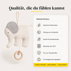 Elefanten-Spieluhr mit Übersicht zu Materialien, Schafwollfüllung, waschbar bei 30 Grad und schadstofffrei für Babys