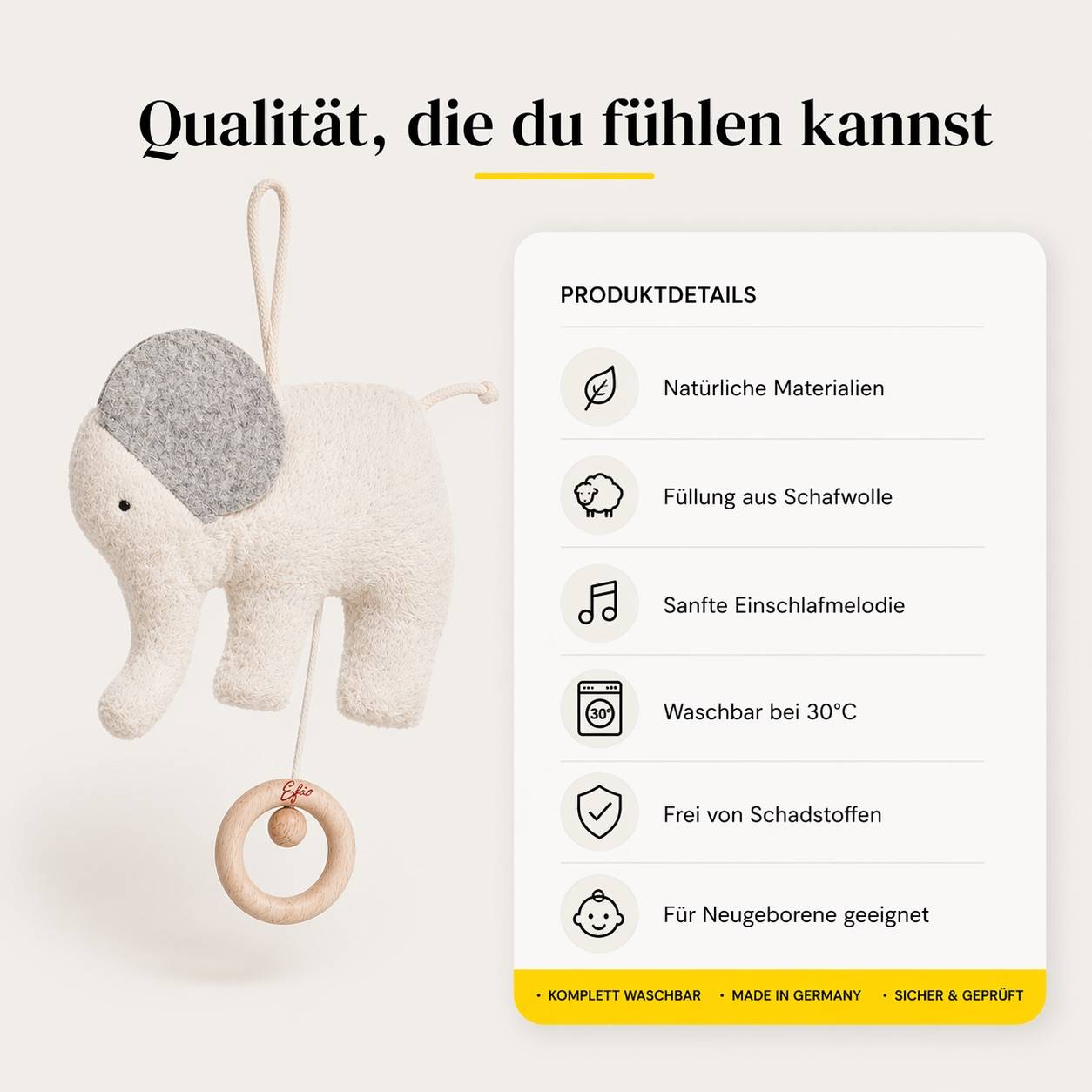 Elefanten-Spieluhr mit Übersicht zu Materialien, Schafwollfüllung, waschbar bei 30 Grad und schadstofffrei für Babys