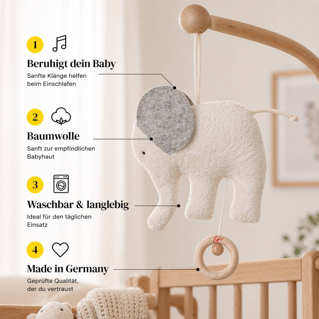 Efie Spieluhr Elefant Filz – Natürliche Baby Spieluhr mit sanften Wiegenmelodien Zweitbild