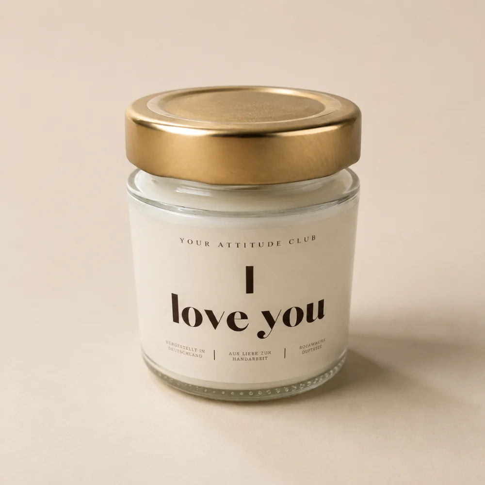 I Love You Duftkerze im hellen Glas mit goldenem Deckel Hauptbild
